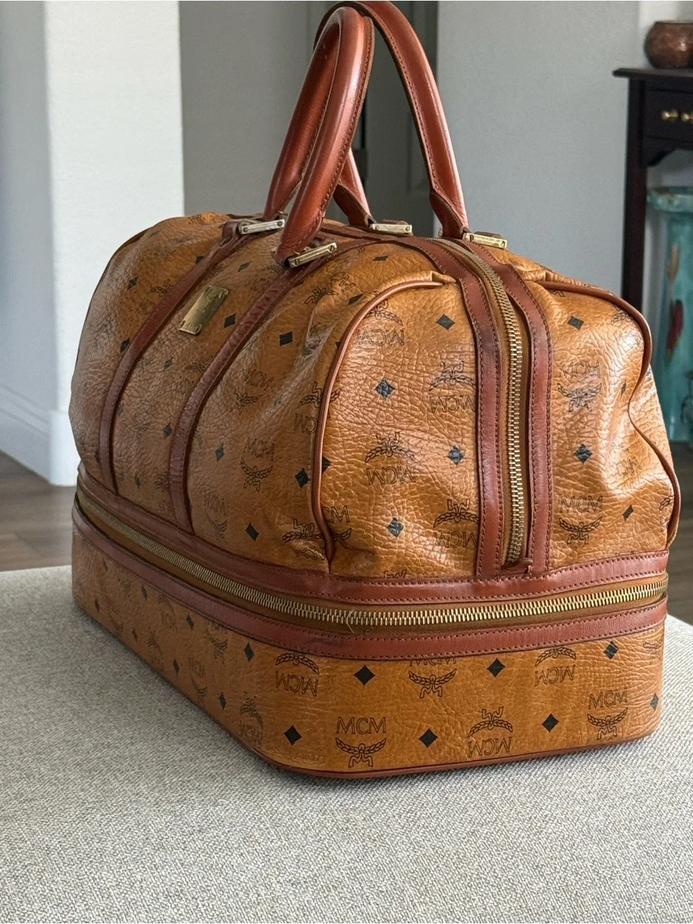 MCM Cognac Brown Visetos Monogram Duffel Bag